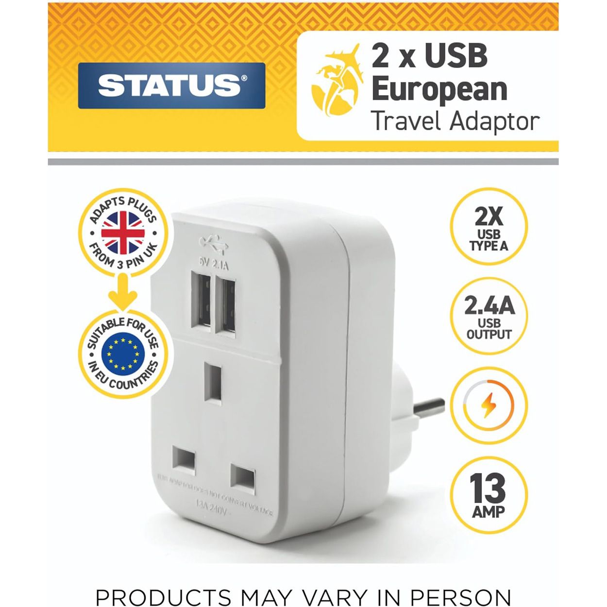 Status European Travel Adaptor White 2 x USB