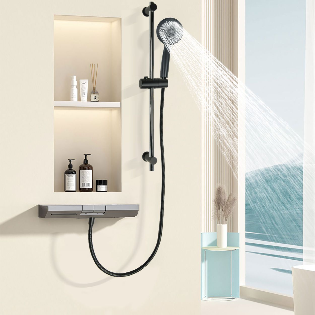 Riser Rail Shower Kit 5 Function Black