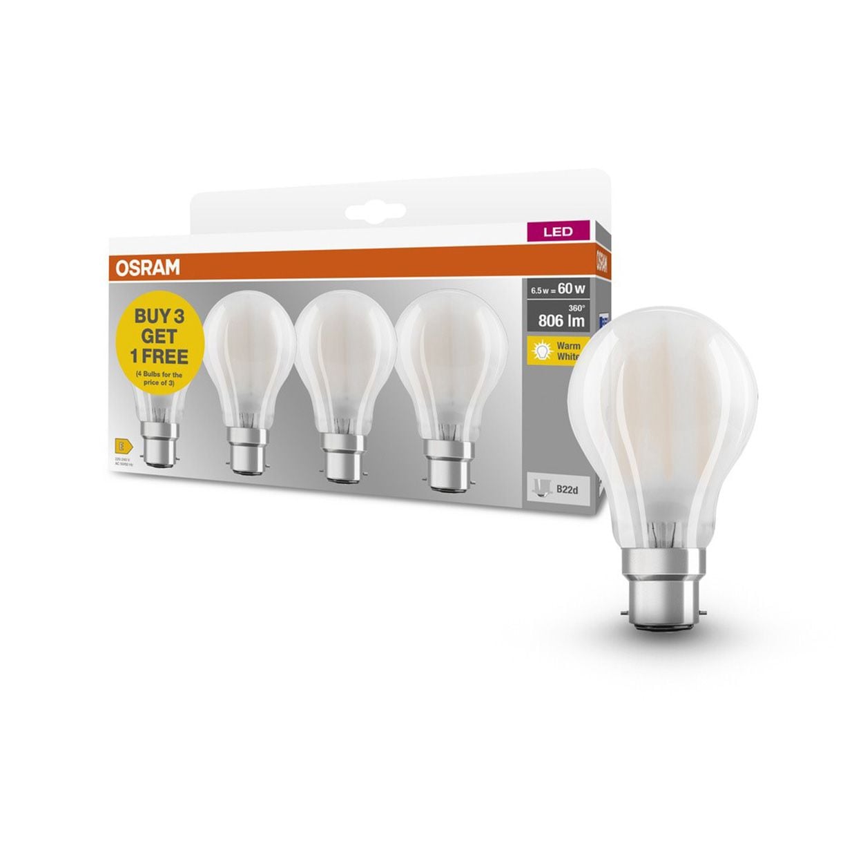 Osram Gls 60W Frosted Fillament B22D Warm White 3 Pack