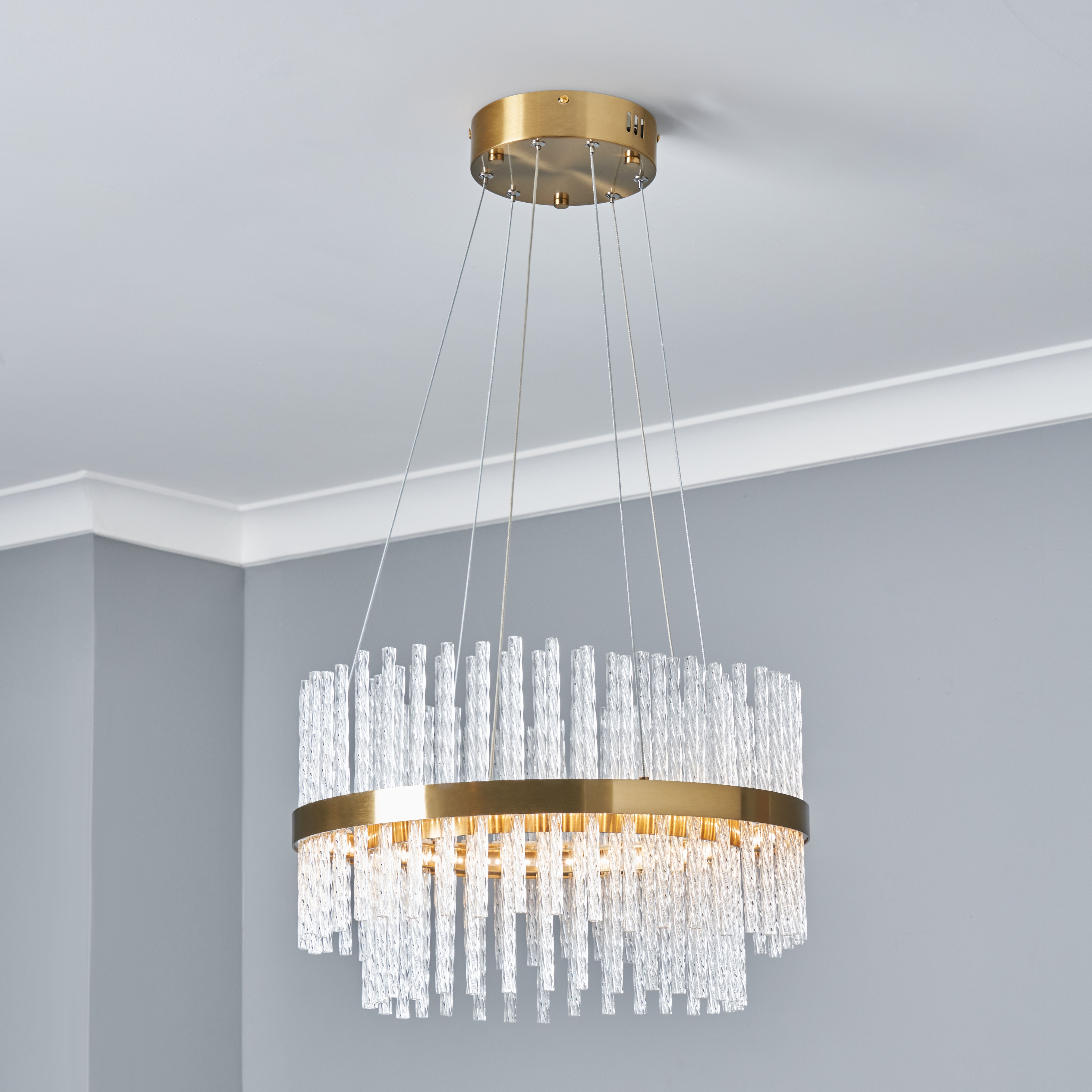 Orta Twisted Glass Rod Chandelier - Satin Brass