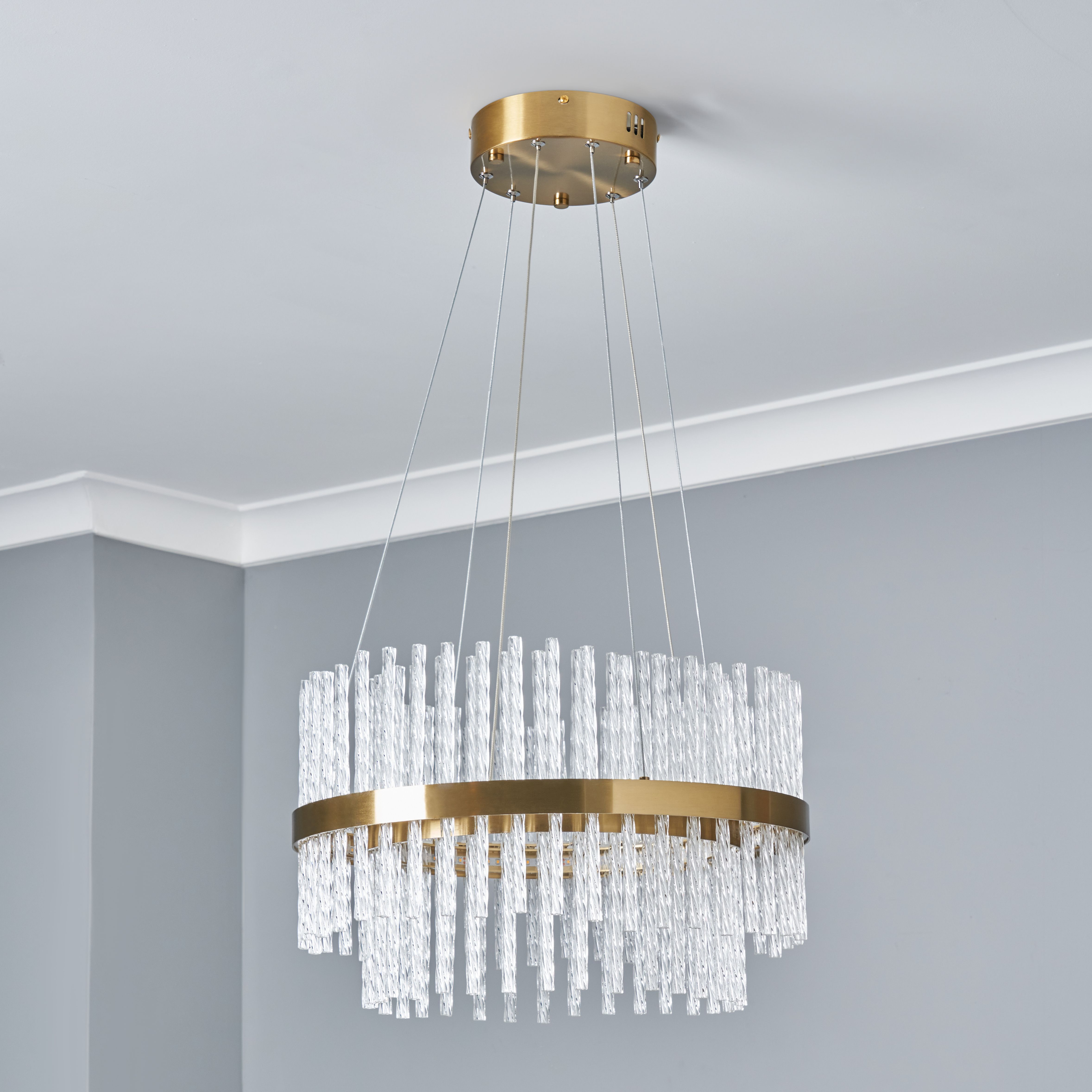 Orta Twisted Glass Rod Chandelier - Satin Brass