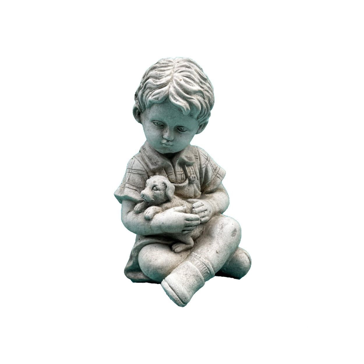 Stone Sitting Boy with Dog Ornament 24cm