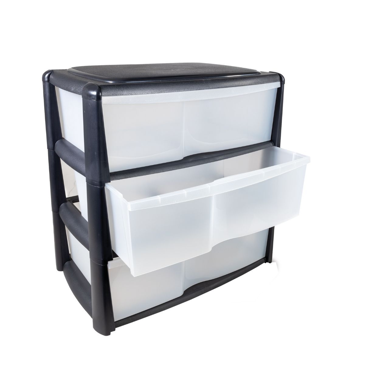 Shelving Tower 3 Drawer Wide Black And Clear