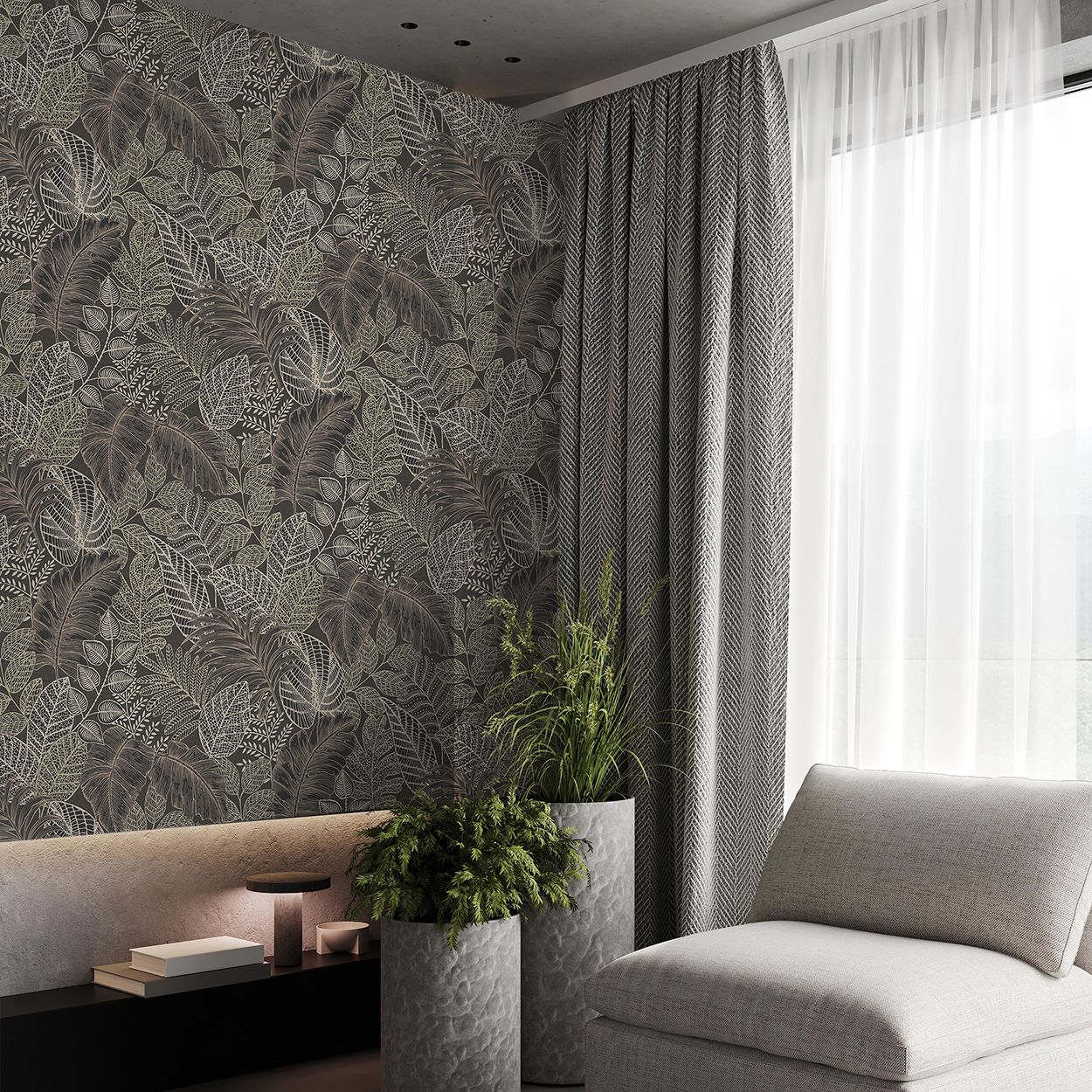 Superfresco Easy Scattered Leaves Charcoal/Gold