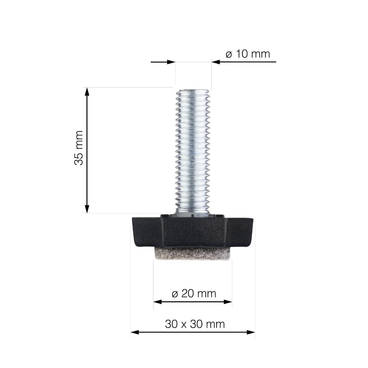 Adjusting Screw with Felt Pad Black M10x35mm 2Pk