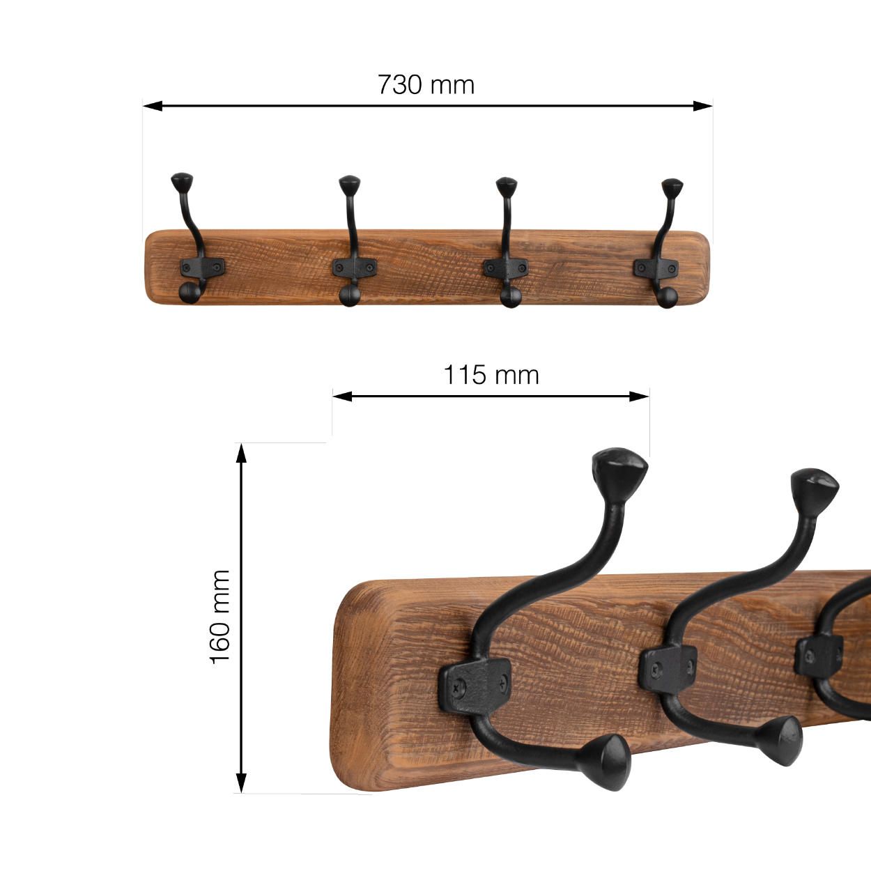 4 Hook Rail 730x160mm - Recycled Pine