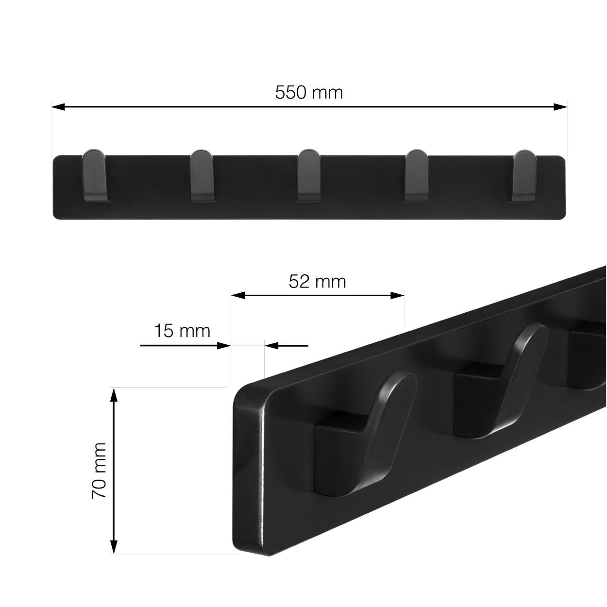5 Hook Rail MDF & Matt Black - 550x70mm