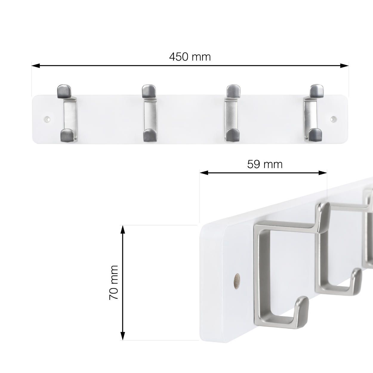 4 Hook Rail MDF White & Satin Nickel 450x70mm