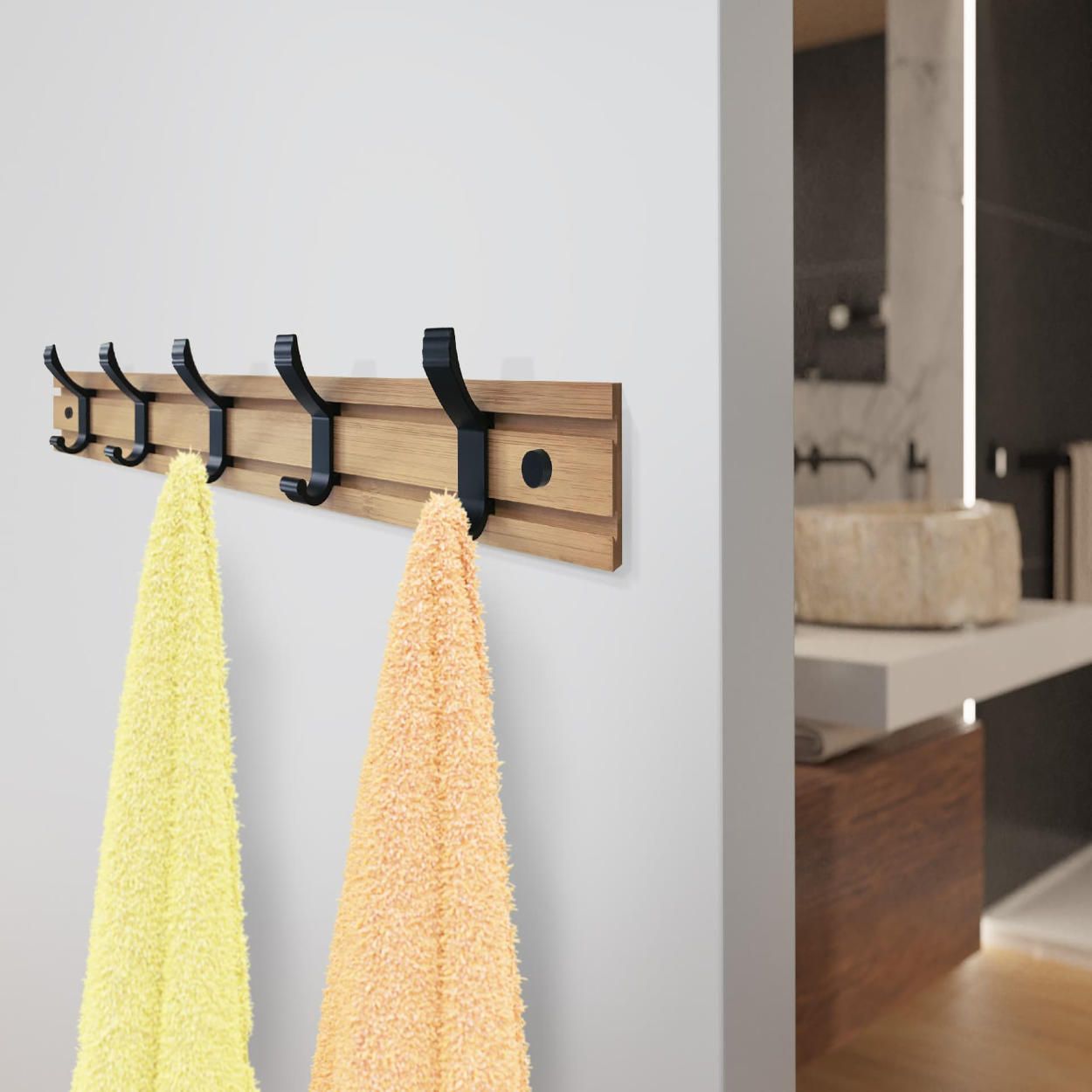 5 Hook Rail Bamboo & Matt Black 500x80mm