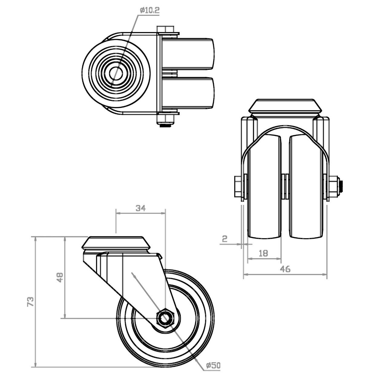 Swivel Double Castor Wheel 50mm - Load 70kg