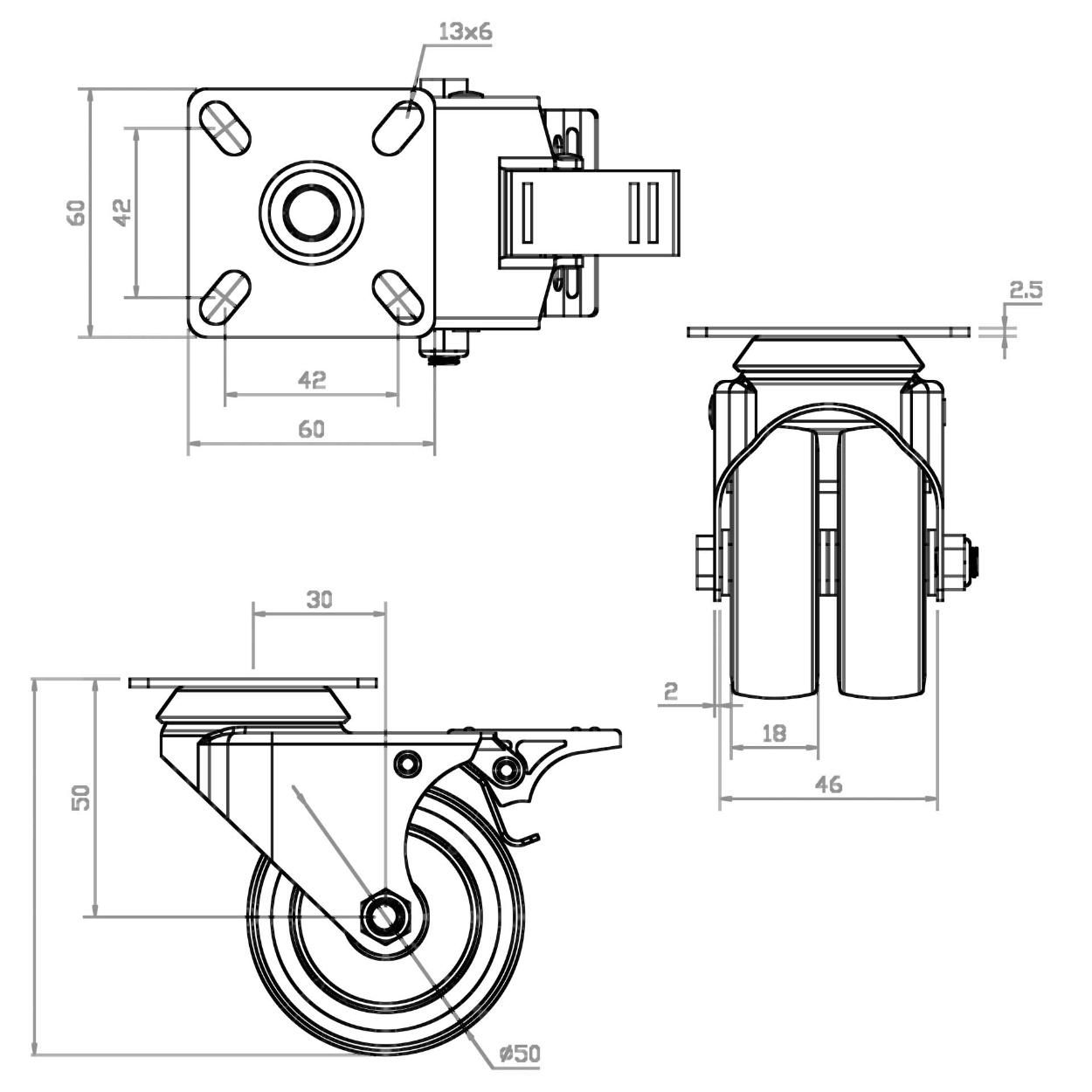 Swivel Double Castor with Break 50mm - Load 70kg