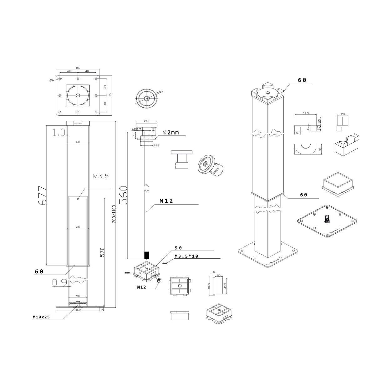 Furniture Leg Blk Adjustable 60x60mm