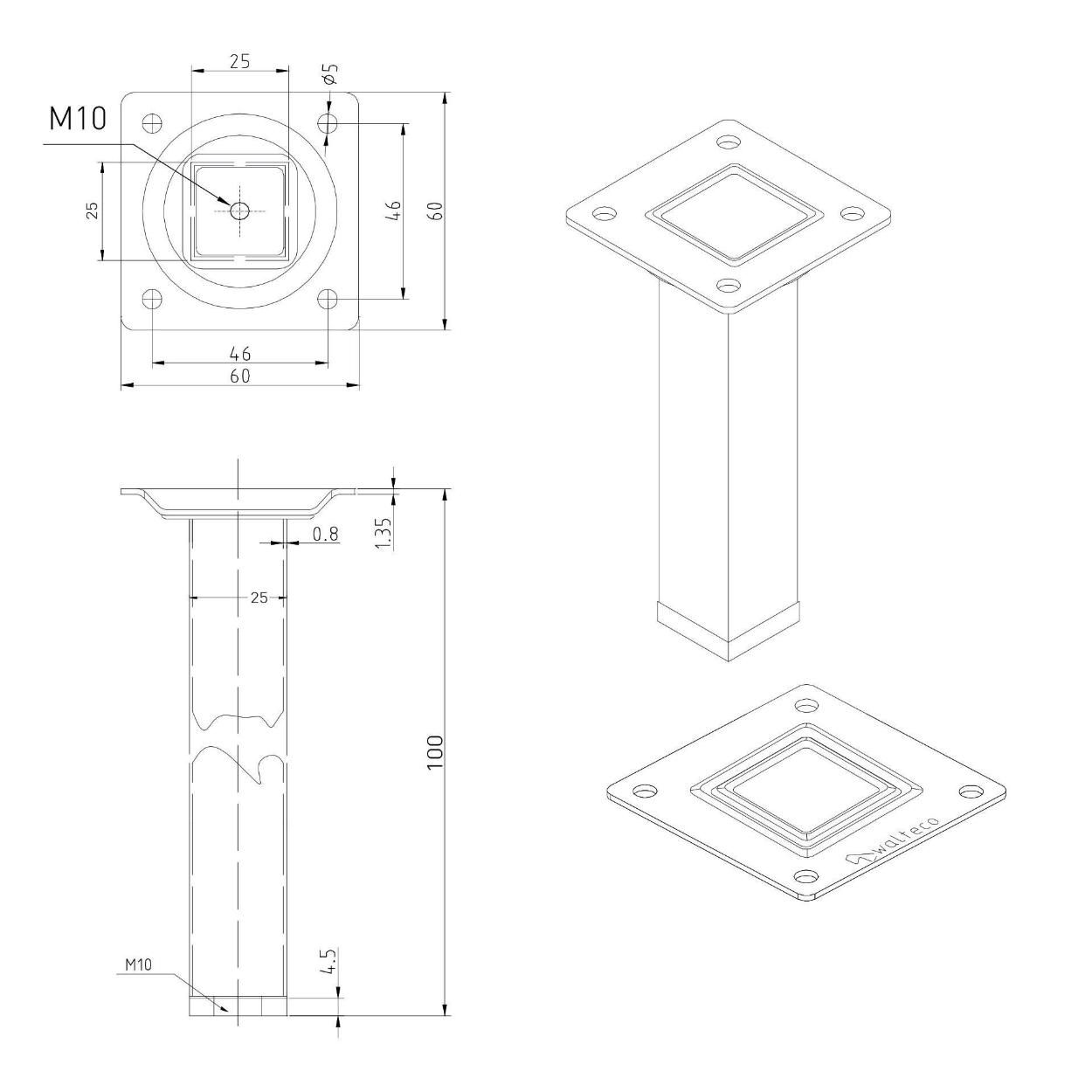 Furniture Leg Black 25x25x100mm
