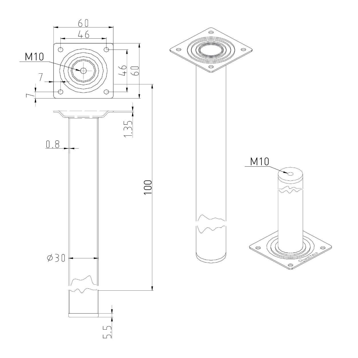 Furniture Leg Brushed Nickel 30x100mm