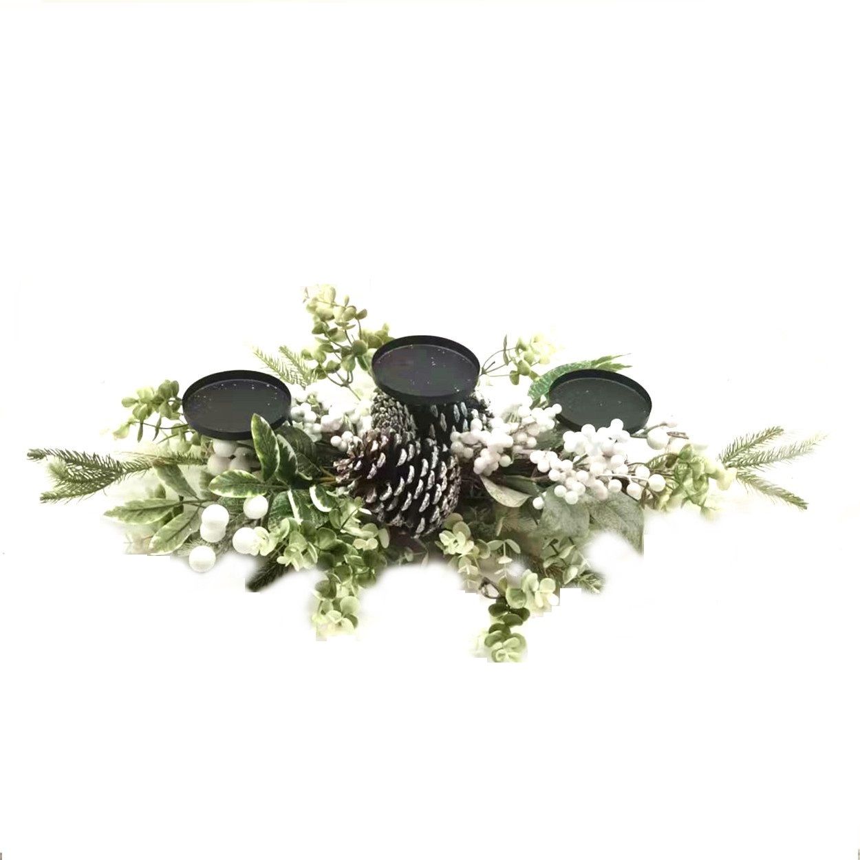 Candle Holder with White Berries and Pinecone 71cm