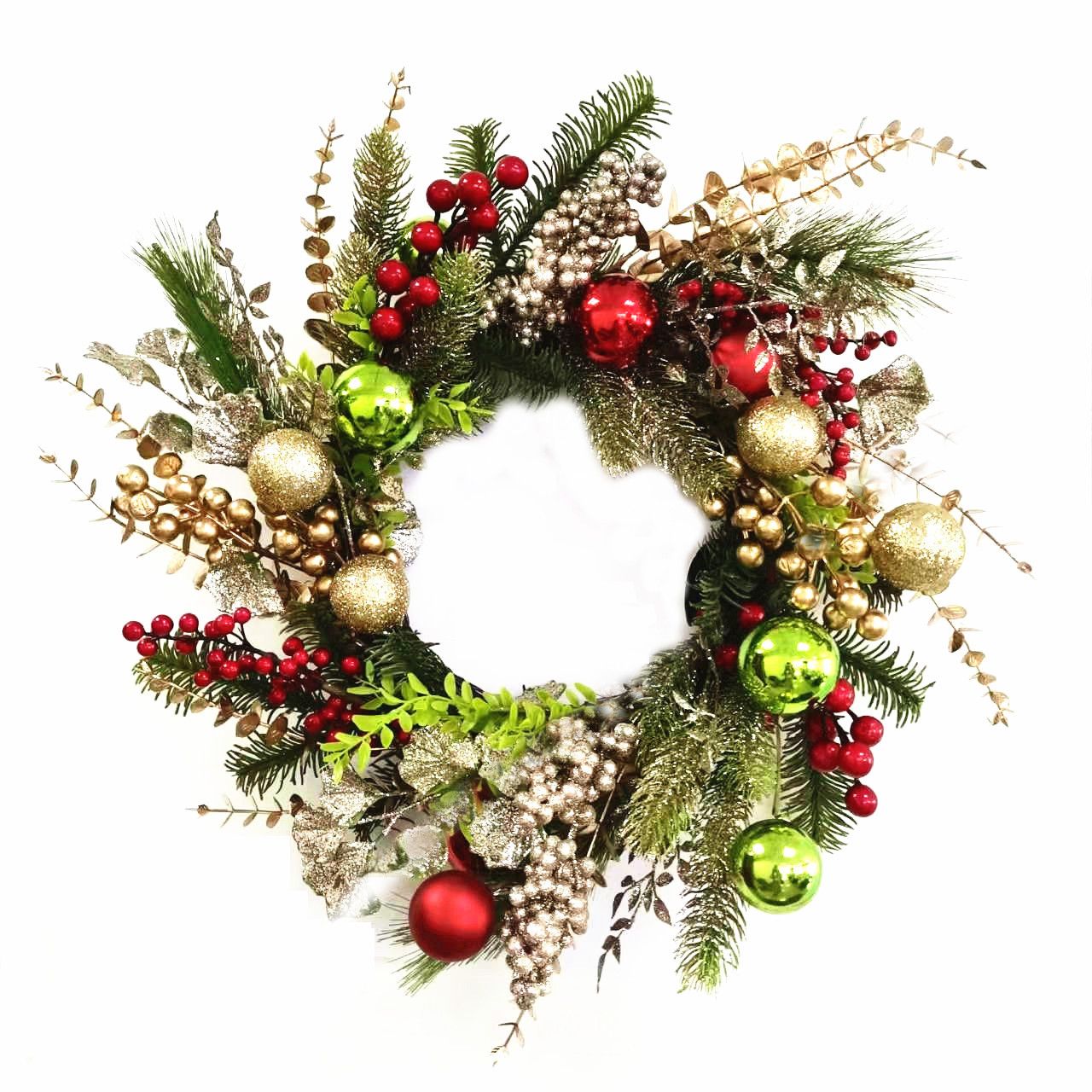 Gold & Red Bauble and Berry Wreath 55cm