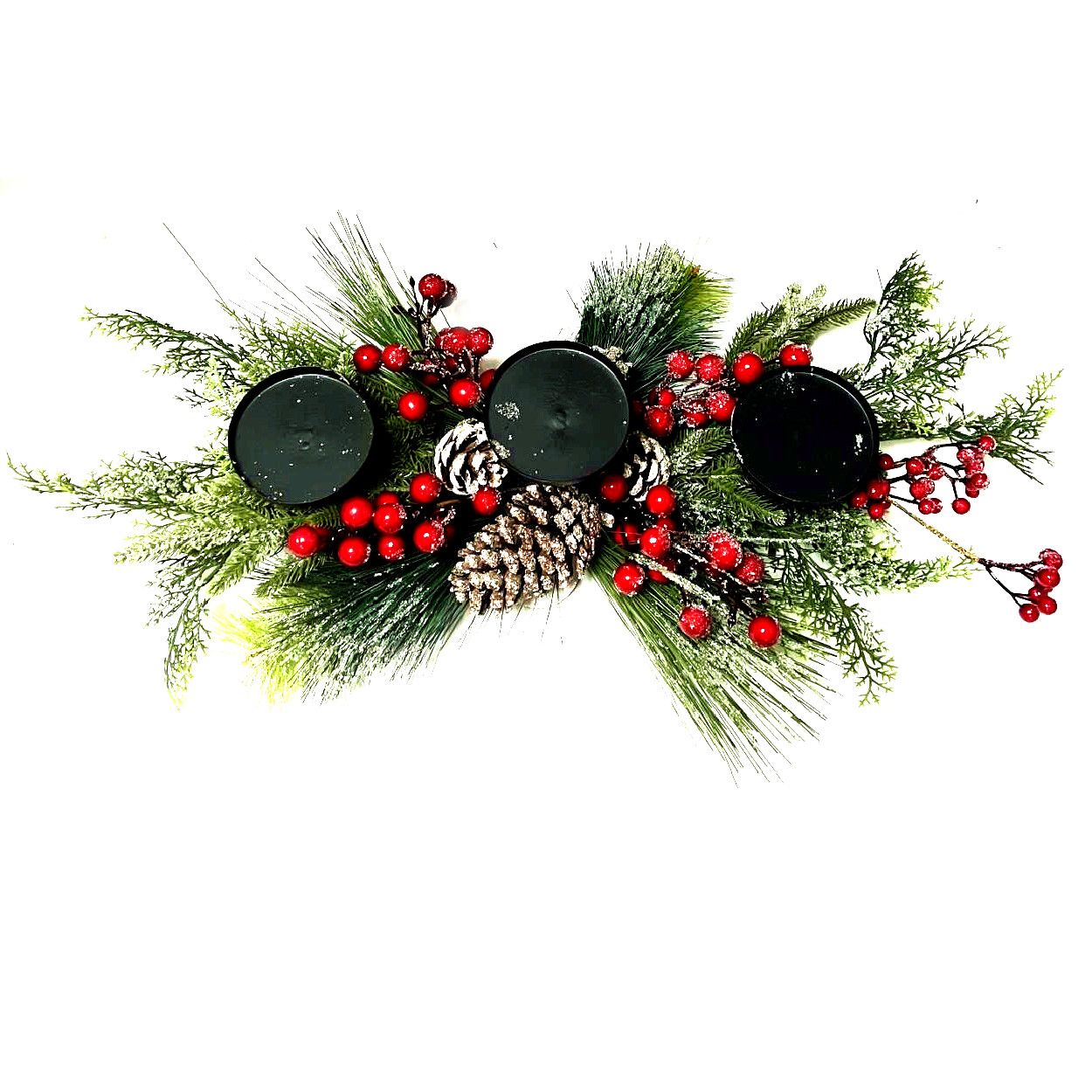 Candle Holder with Red Berries and Pinecones 66cm
