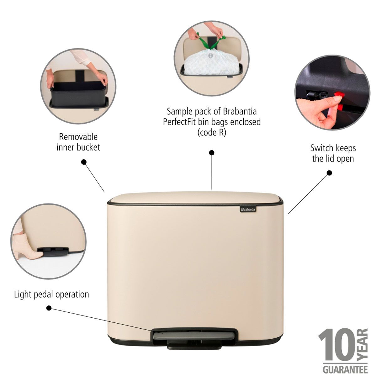 Brabantia Bo Pedal Bin, 36L - Soft Beige