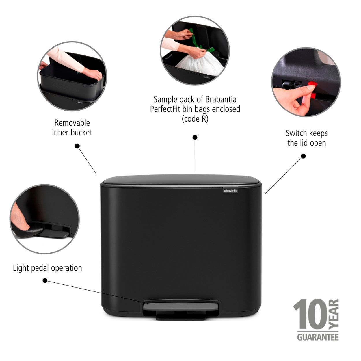 Brabantia Bo Pedal Bin, 36L - Matt Black