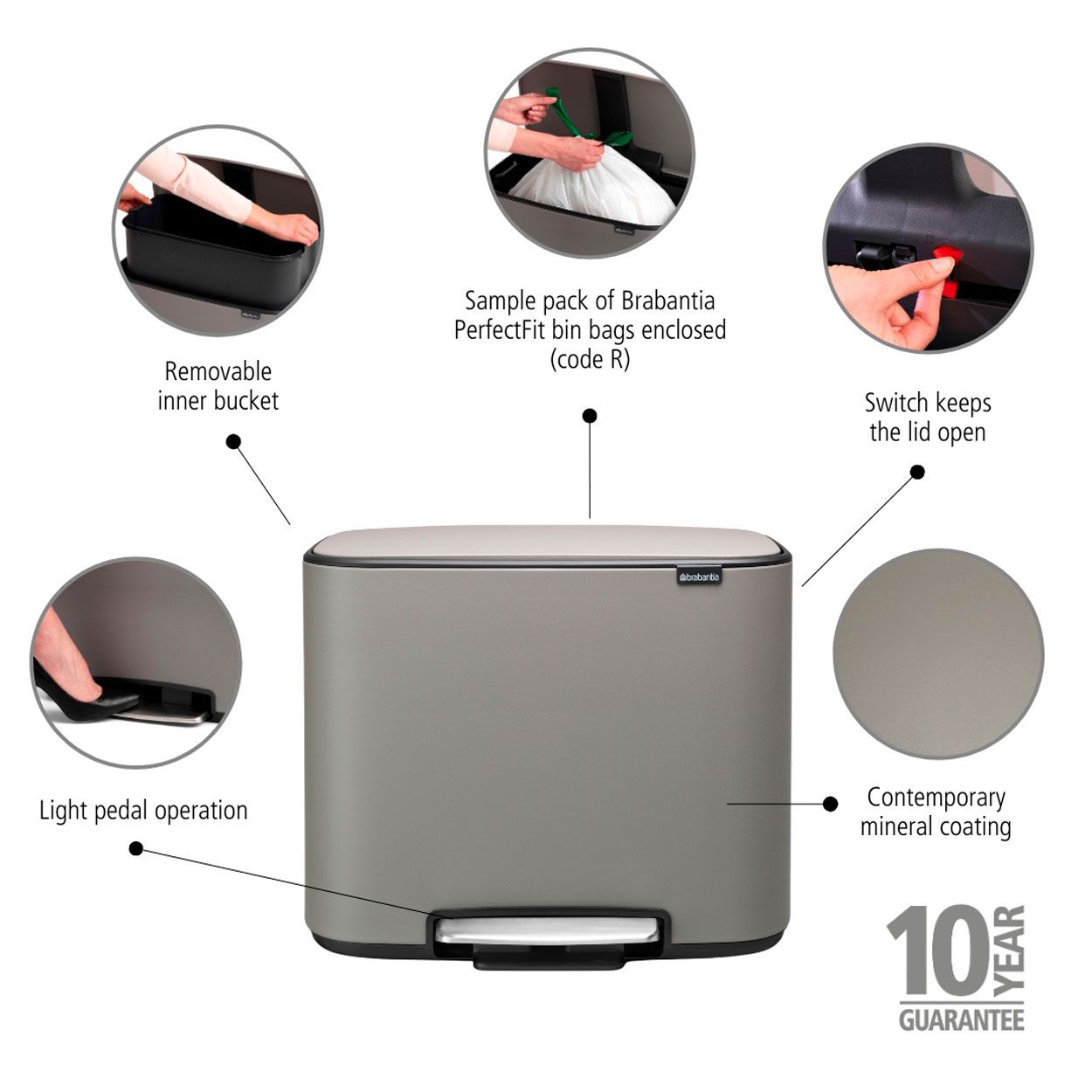 Brabantia Bo Pedal Bin, 36L - Mineral Concrete Grey