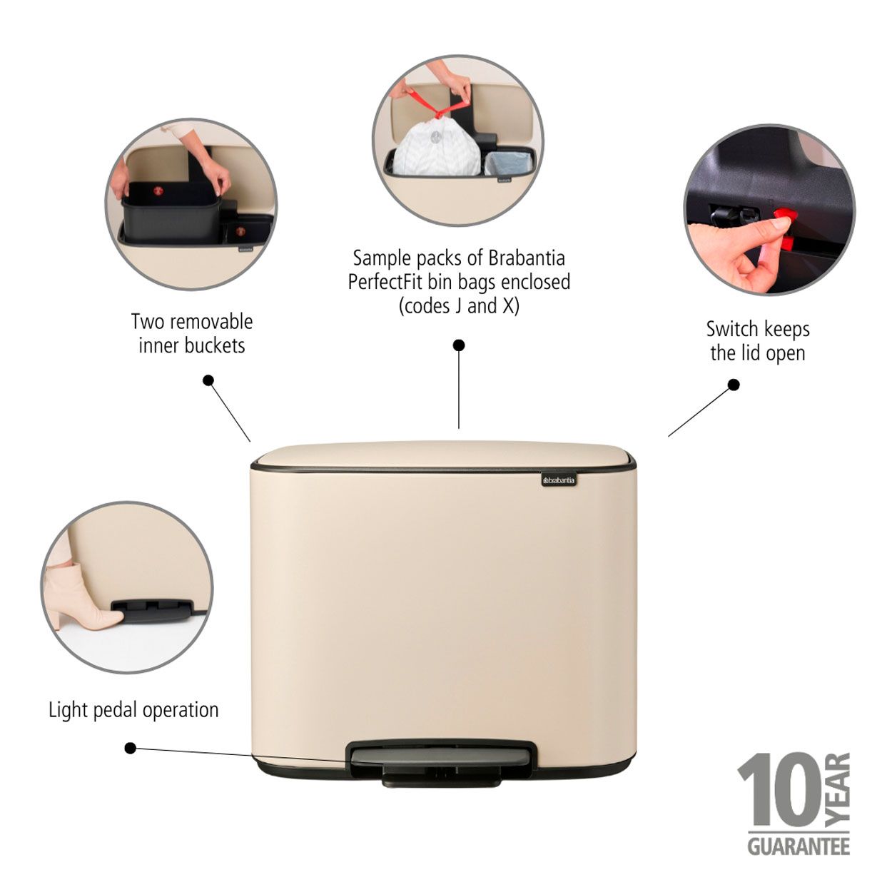 Brabantia Bo Pedal Bin, 11 + 23L - Soft Beige