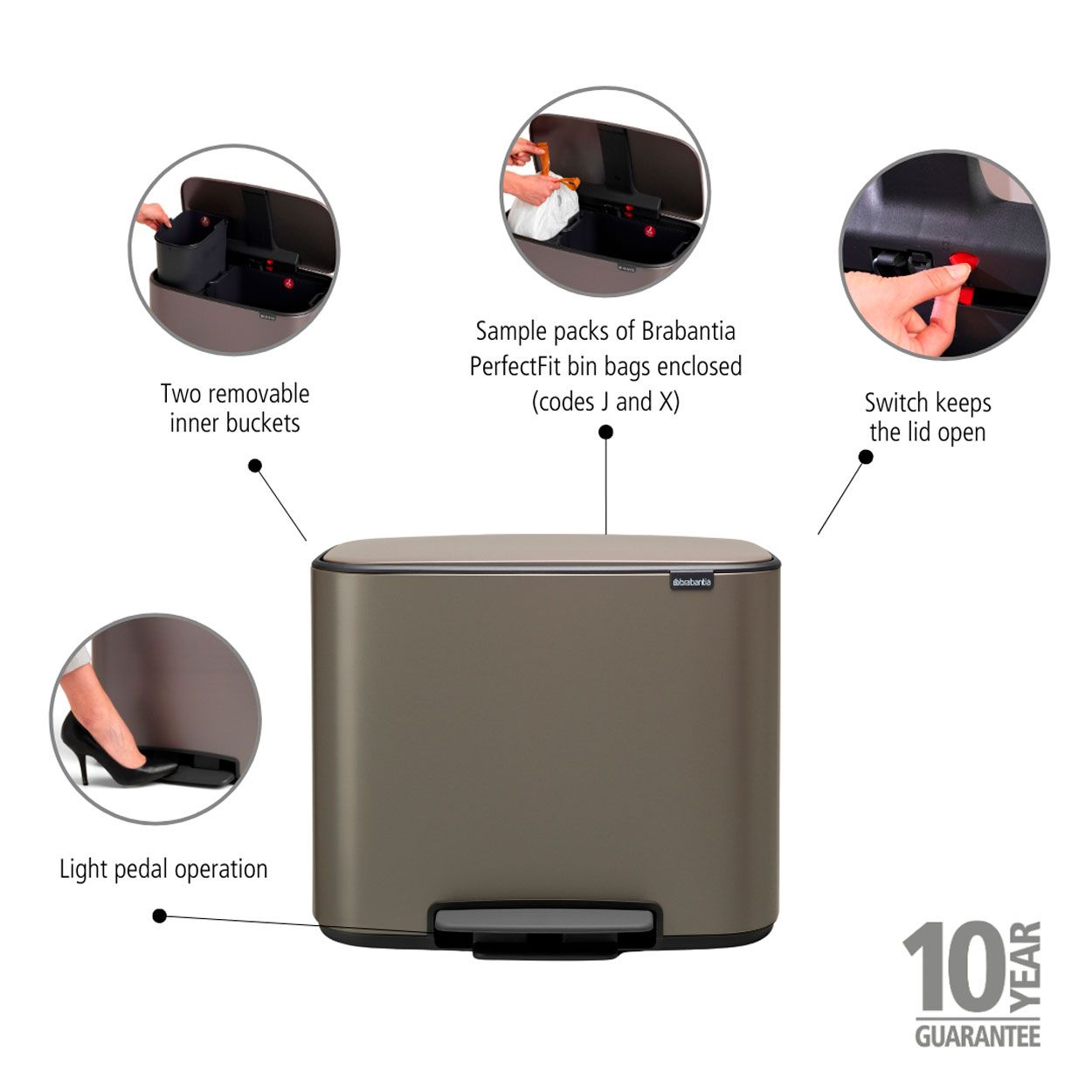 Brabantia Bo Pedal Bin, 11 + 23L - Platinum