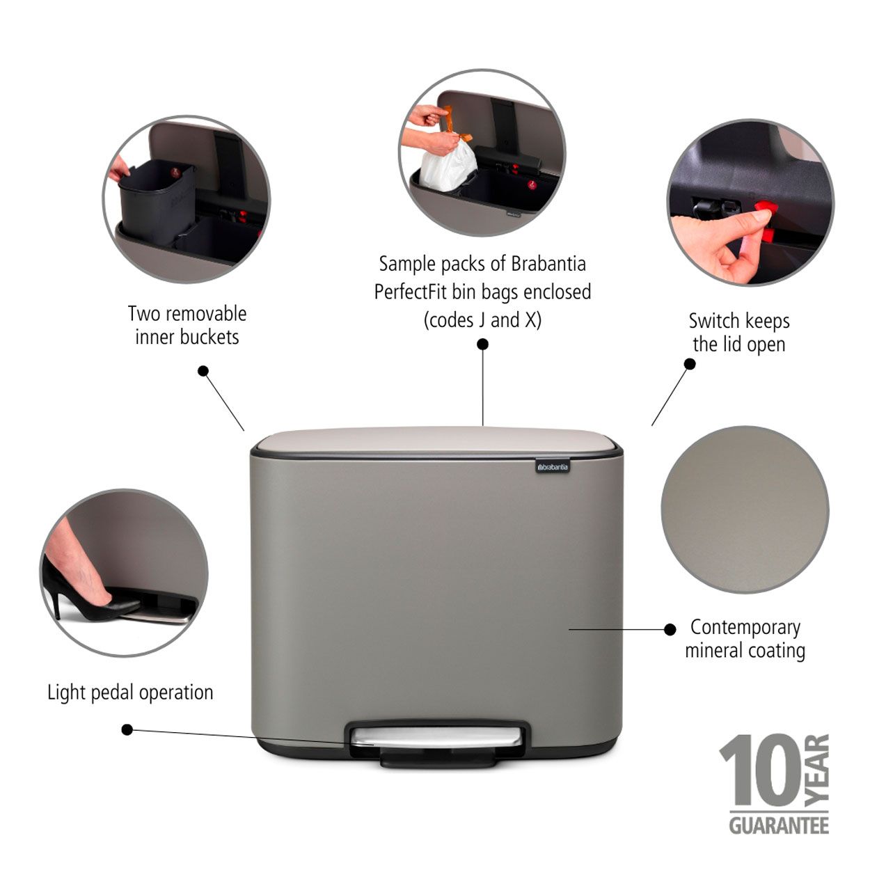 Brabantia Bo Pedal Bin, 11 + 23L - Concrete Grey