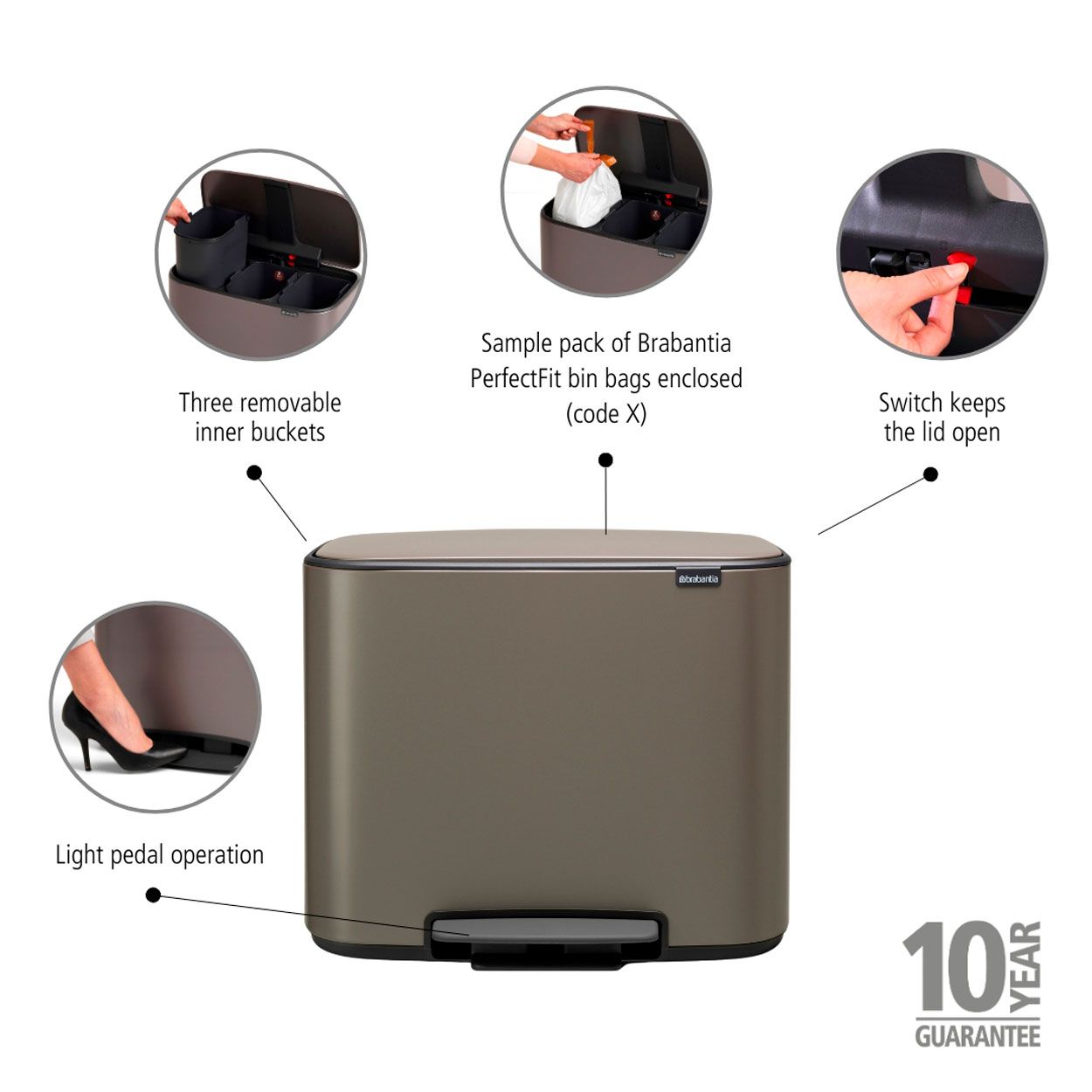 Brabantia Bo Pedal Bin, 3 X 11L - Platinum