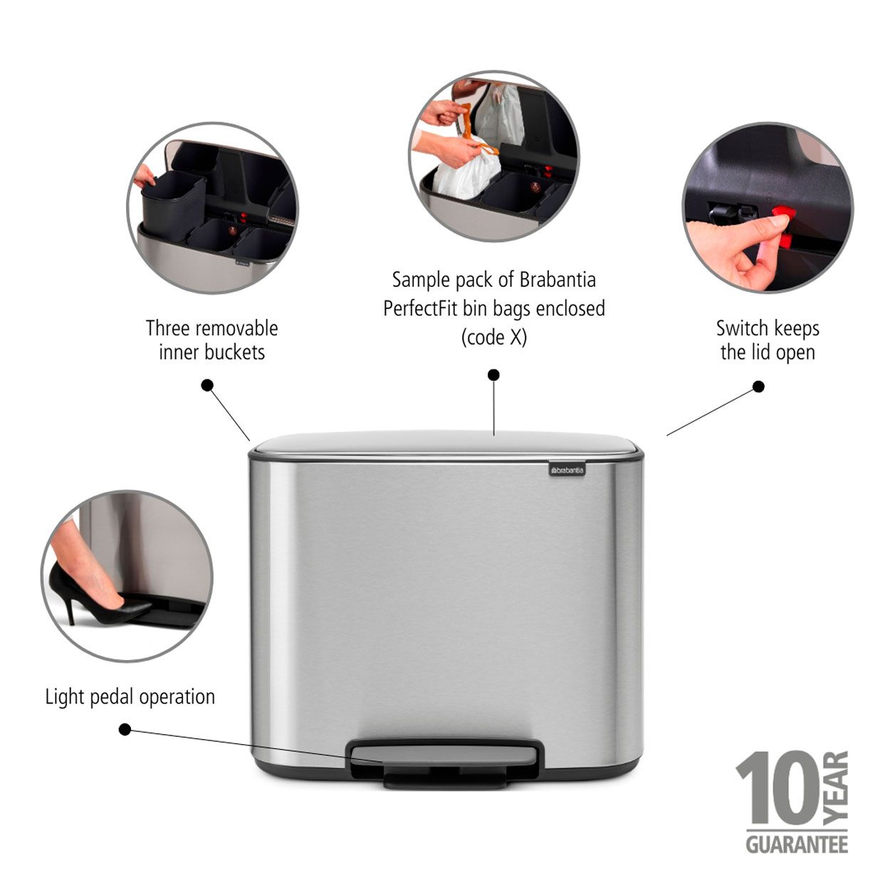Brabantia Bo Pedal Bin, 3 X 11L - Matt Steel Fpp