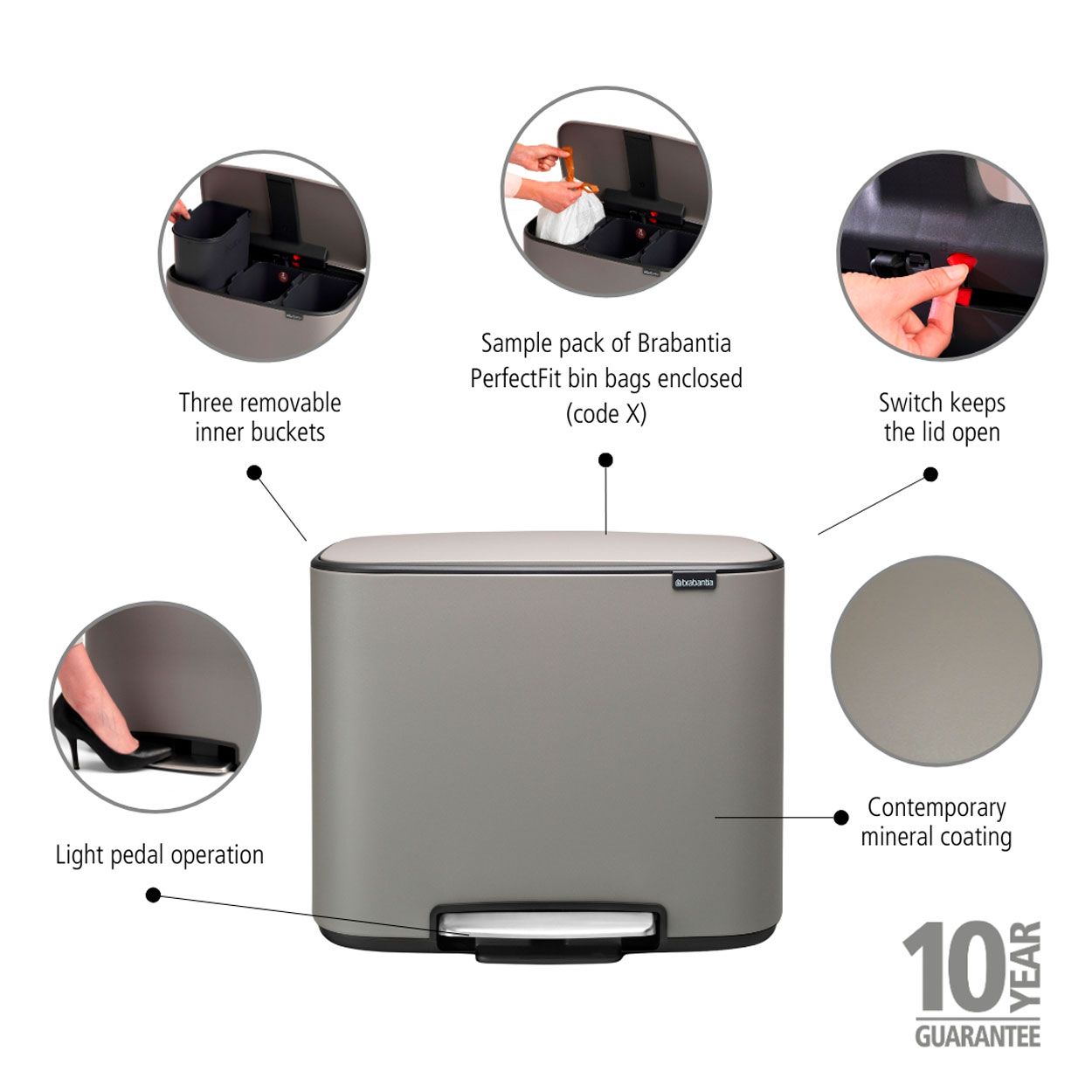 Brabantia Bo Pedal Bin, 3 X 11L - Concrete Grey