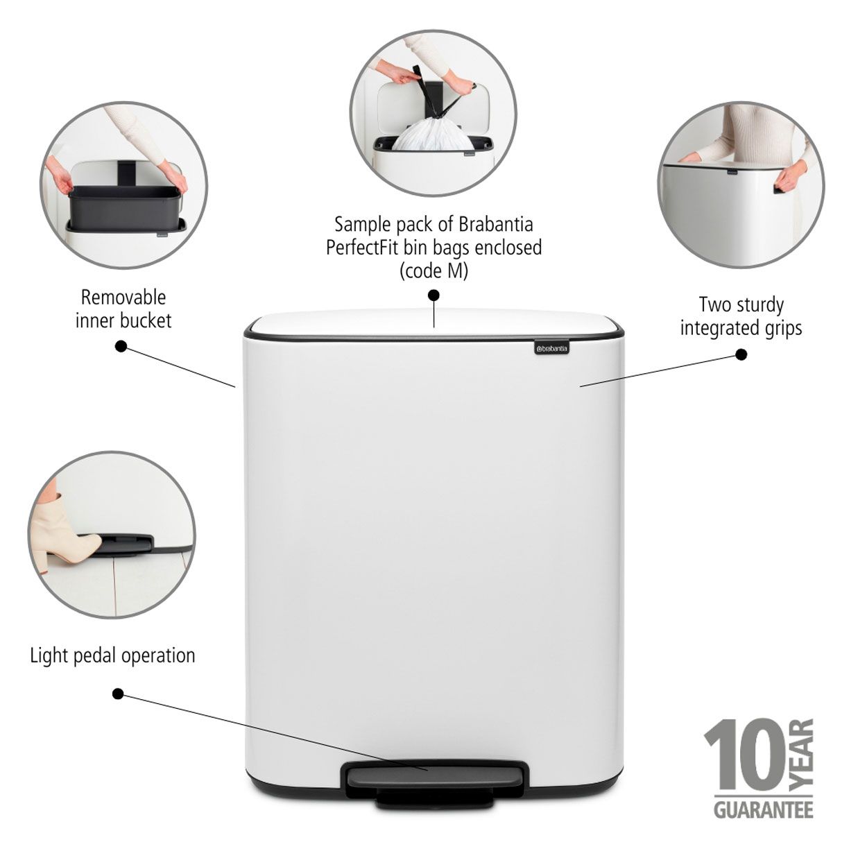 Brabantia Bo Pedal Bin, 60L - White