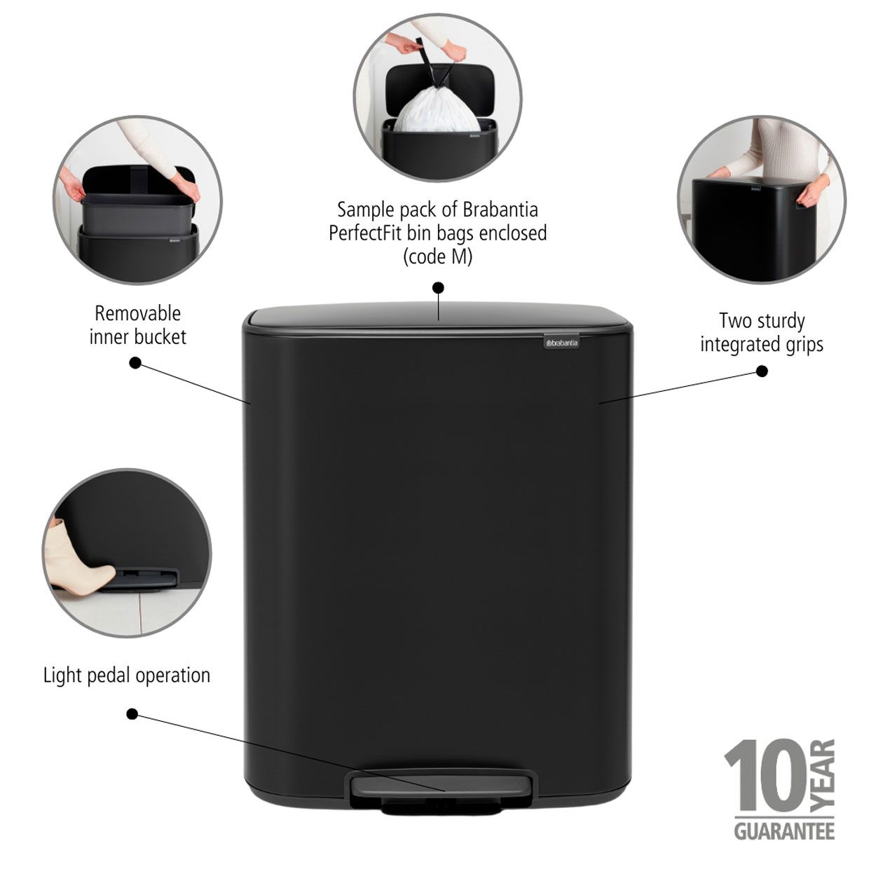 Brabantia Bo Pedal Bin, 60L - Matt Black