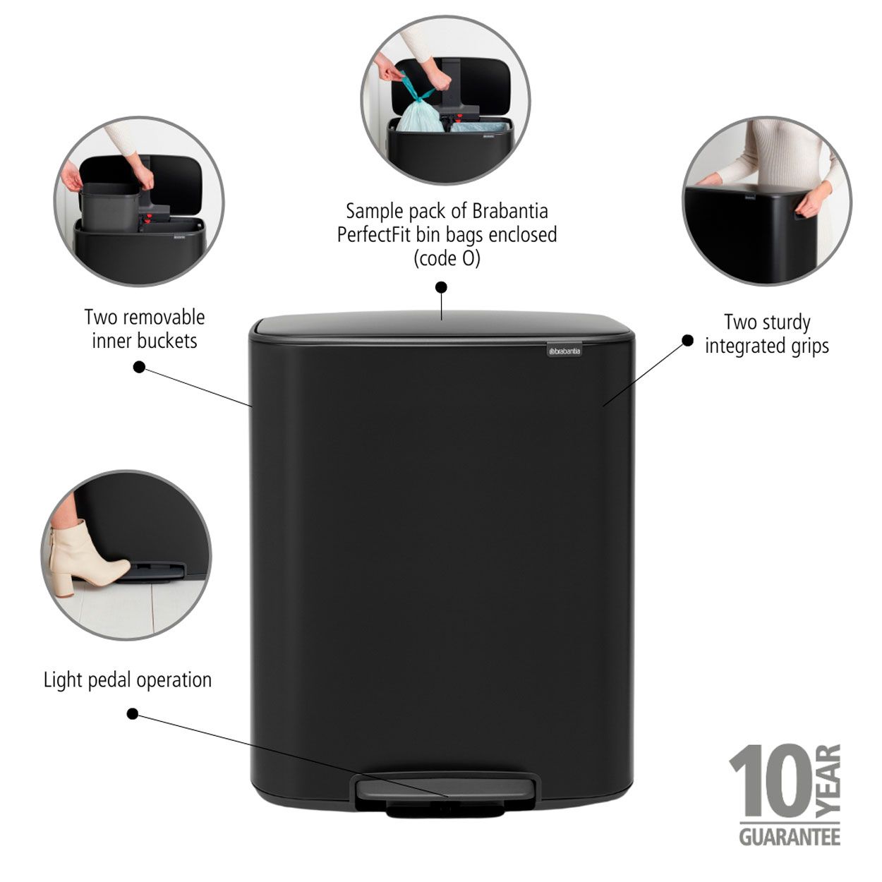 Brabantia Bo Pedal Bin, 2 X 30L - Matt Black