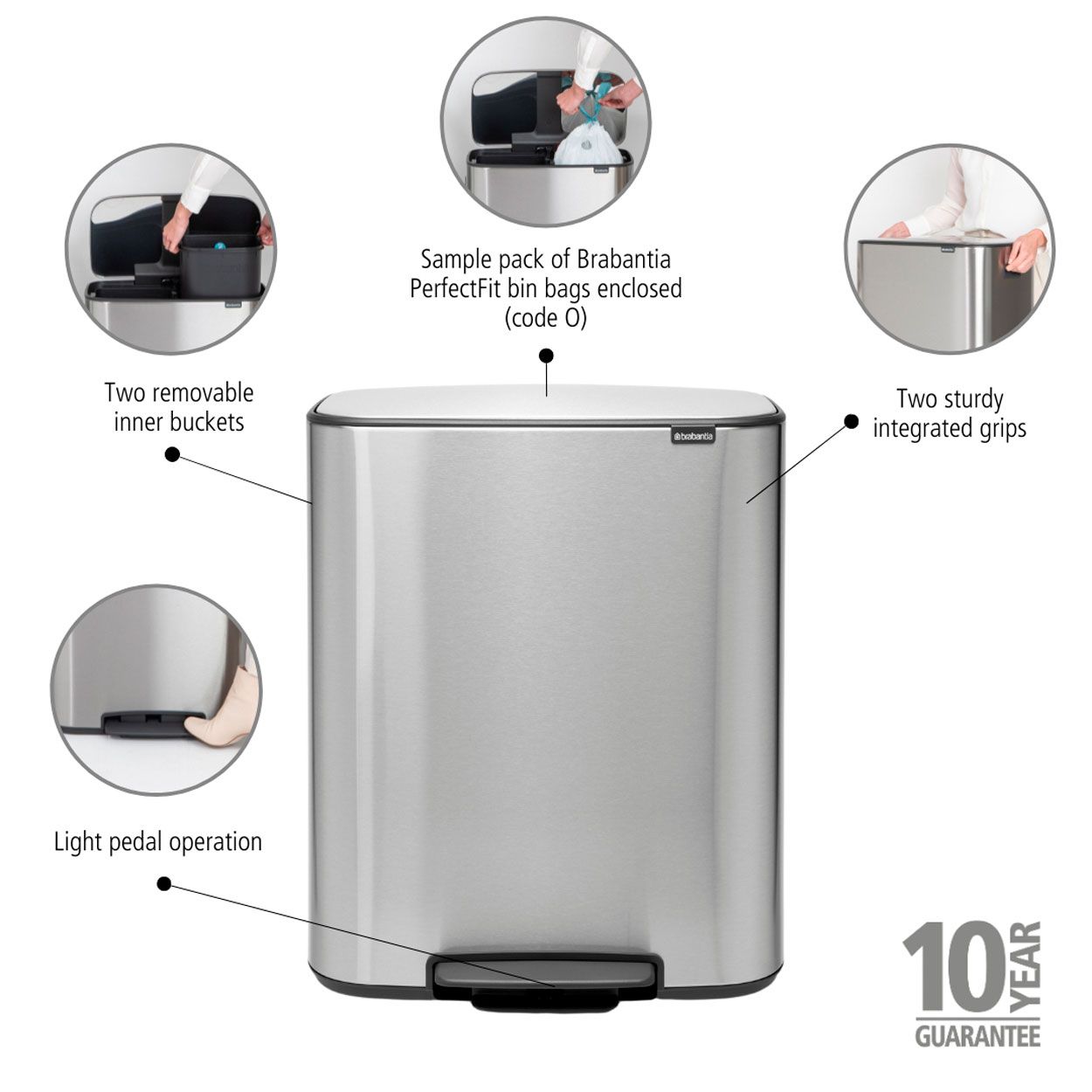 Brabantia Bo Pedal Bin, 2 X 30L - Matt Steel Fpp