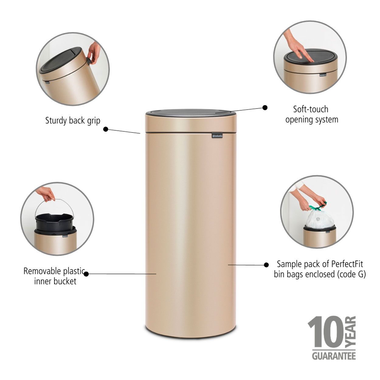 Brabantia Touch Bin, 30L - Metallic Gold
