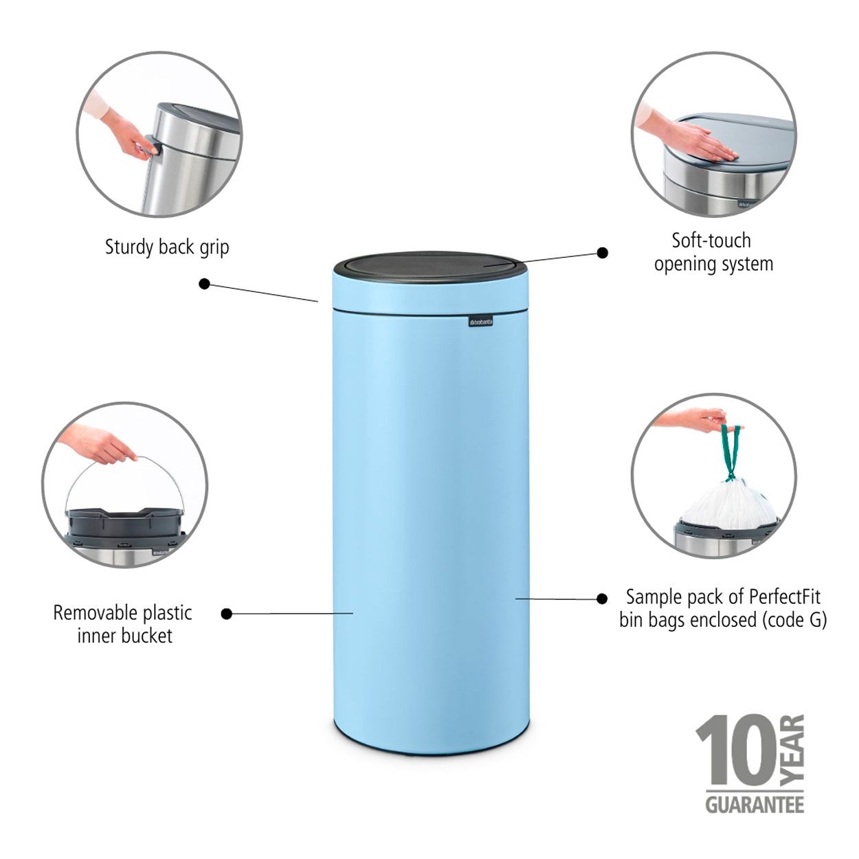 Brabantia Touch Bin, 30L - Dreamy Blue