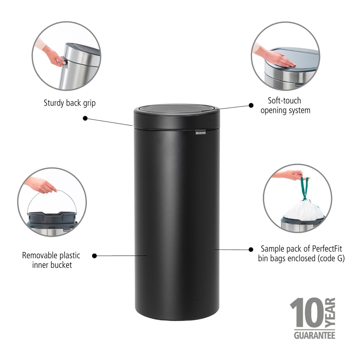 Brabantia Touch Bin 30L - Mineral Moonlight Black