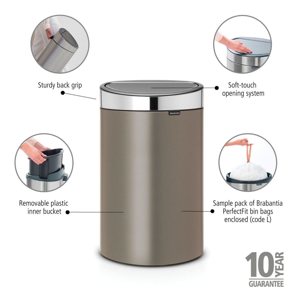 Brabantia Touch Bin, 40L - Platinum