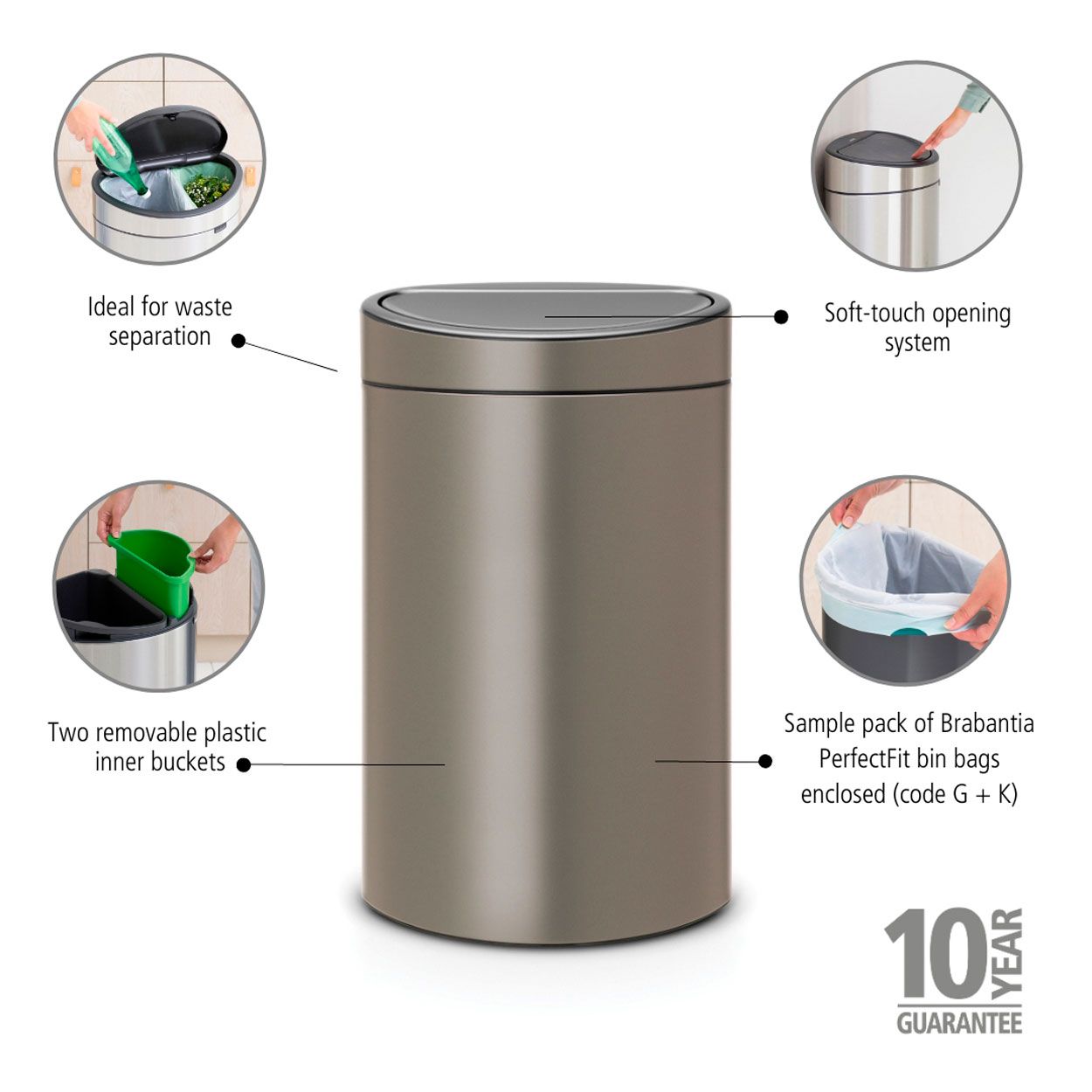 Brabantia Touch Bin Recycle, 23/10L - Platinum