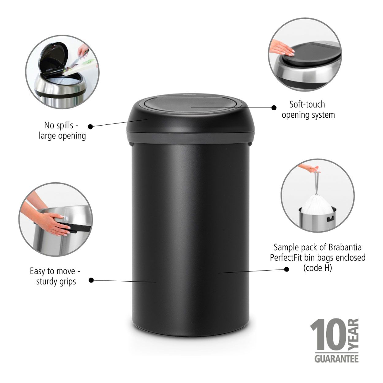 Brabantia Touch Bin, 60L - Mineral Moonlight Black