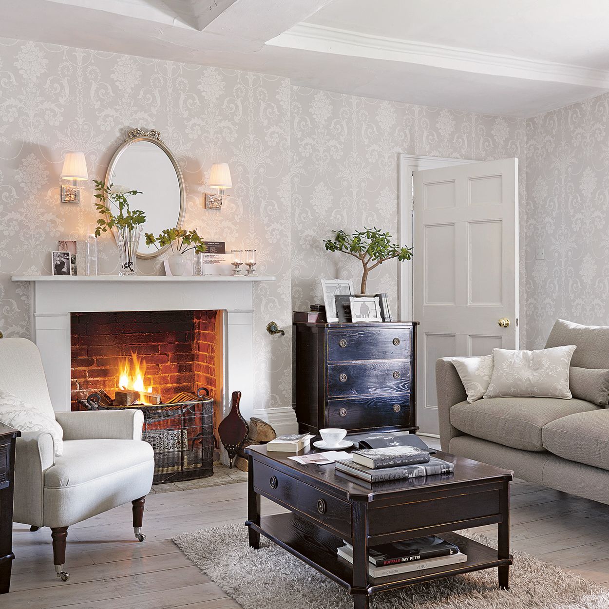 Laura Ashley Josette White & Dove Grey Wallpaper