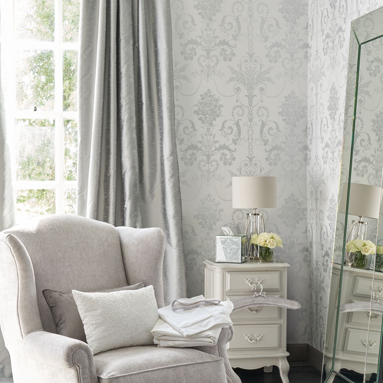 Laura Ashley Josette Metallic Silver Wallpaper