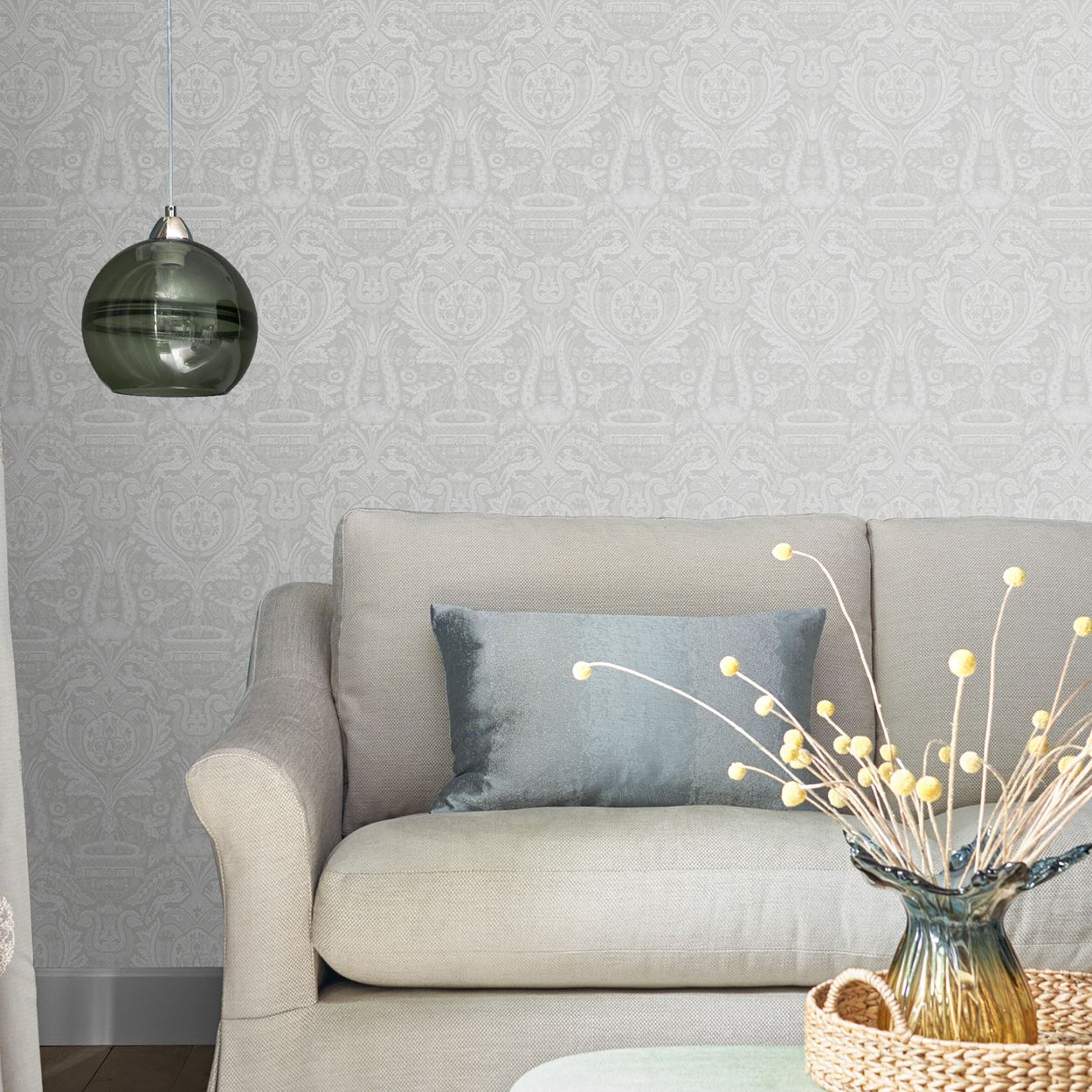 Laura Ashley Heraldic Damask Dusky Seaspray Wallpaper