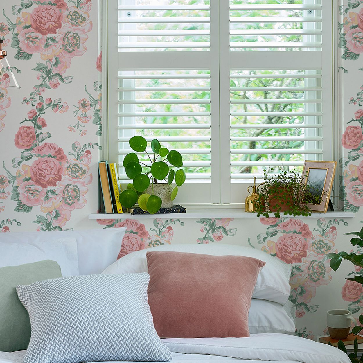 Laura Ashley Hollyhocks Coral Pink Wallpaper