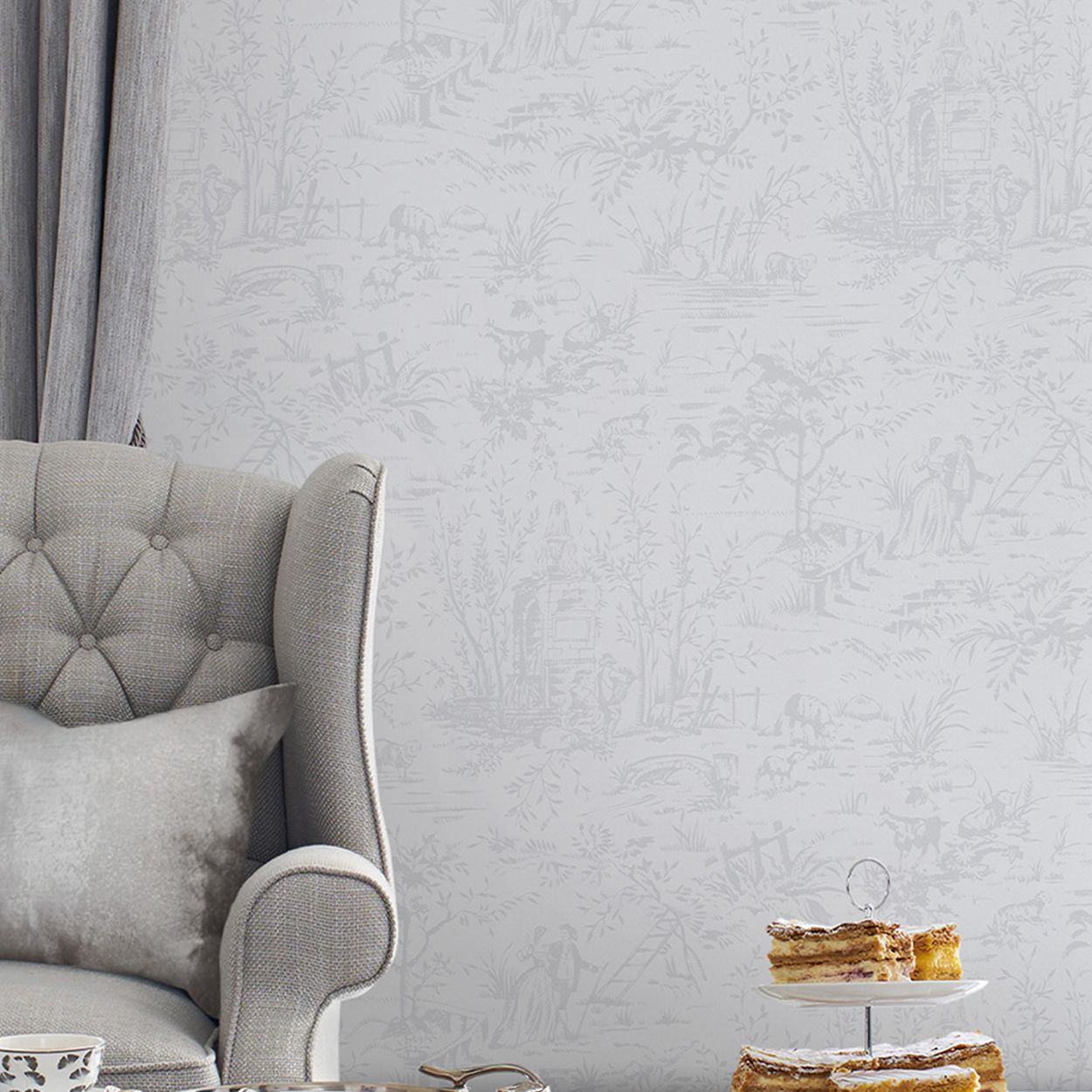 Laura Ashley Toile de Jouy Sugared Grey Wallpaper