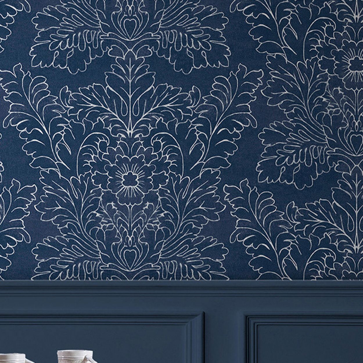 Laura Ashley Silchester Midnight Seaspray Blue Wallpaper