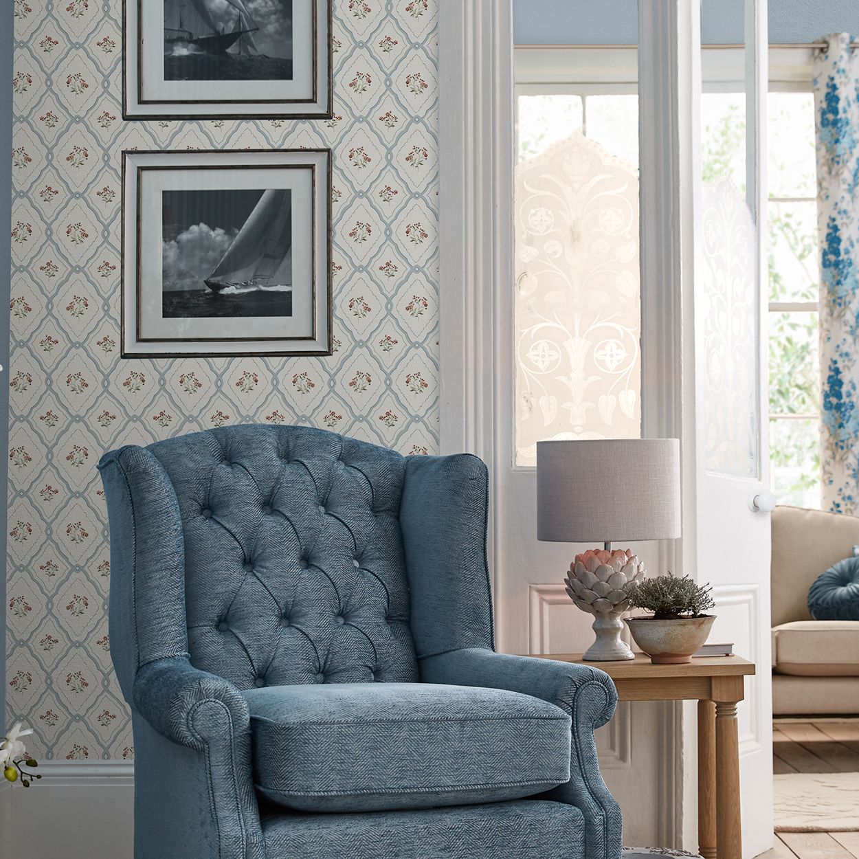 Laura Ashley Pinford Trellis Pale Seaspray Blue Wallpaper