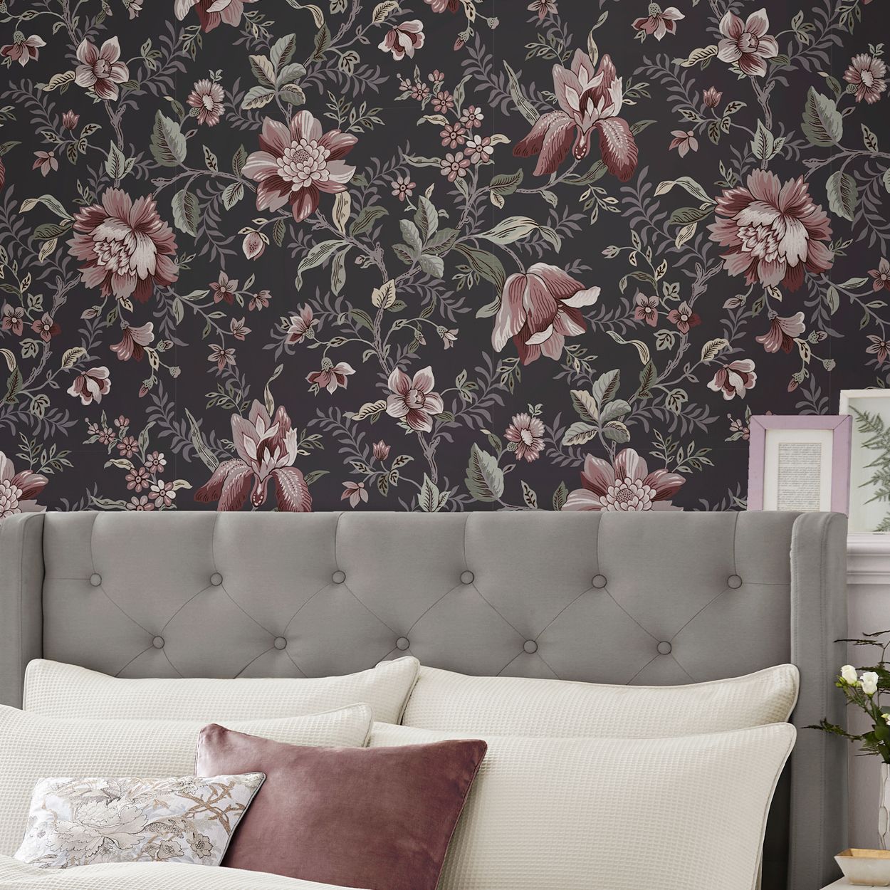 Laura Ashley Editas Garden Charcoal Grey Wallpaper