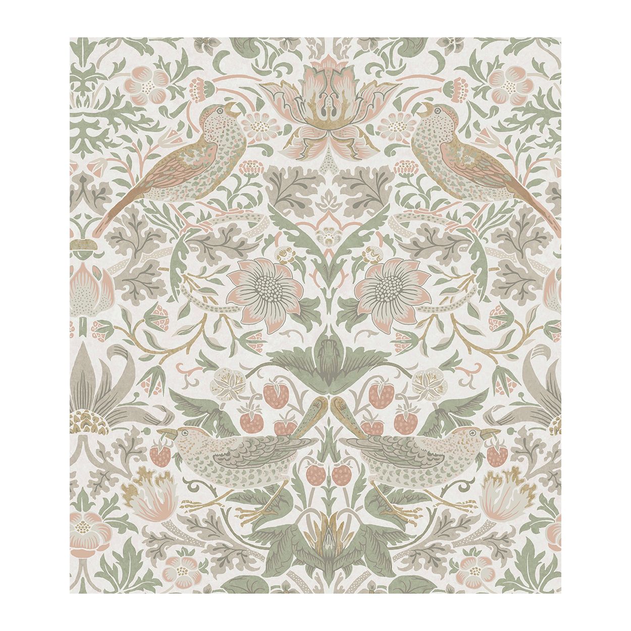 William Morris At Home Strawberry Thief Sage & Pink Wallpaper
