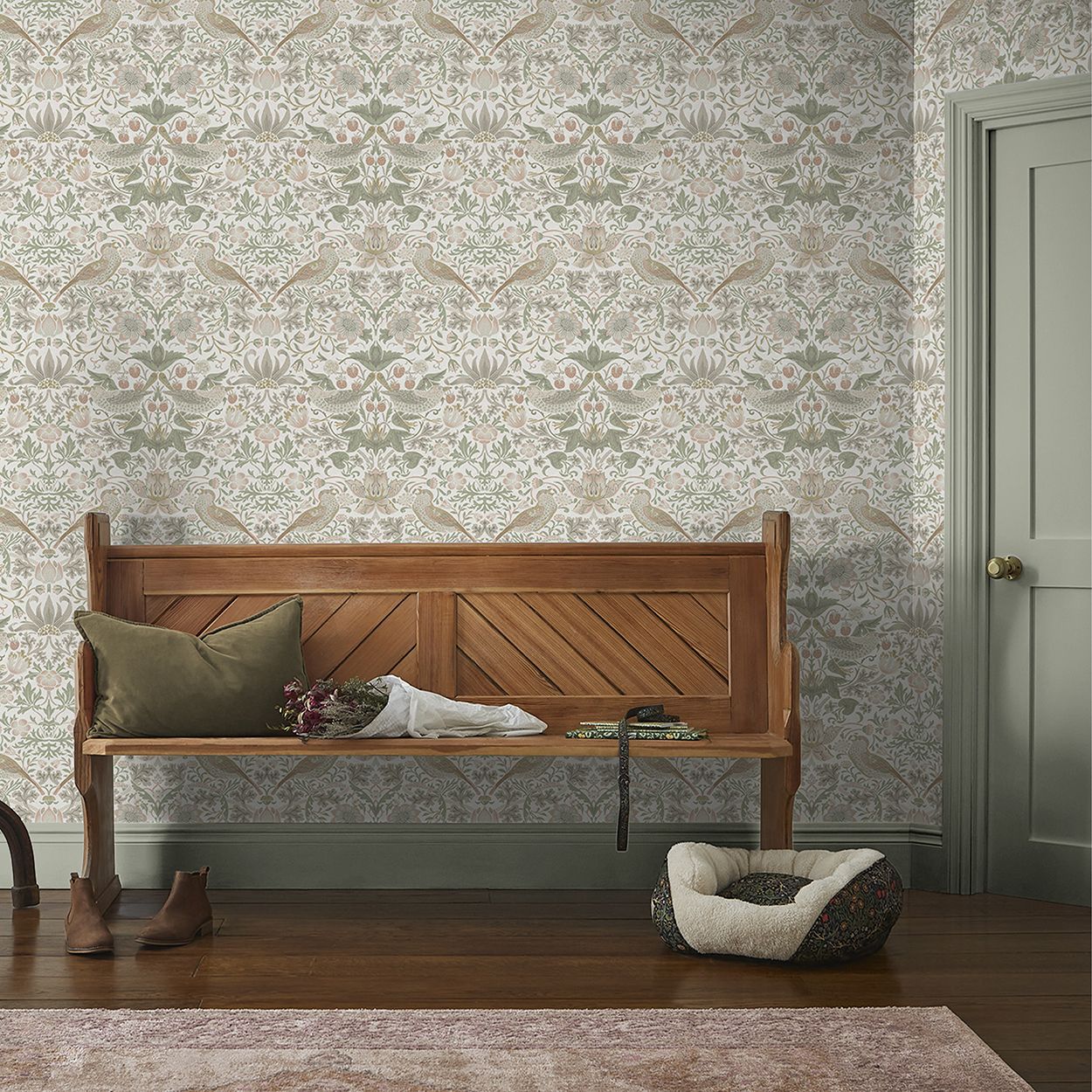William Morris At Home Strawberry Thief Sage & Pink Wallpaper